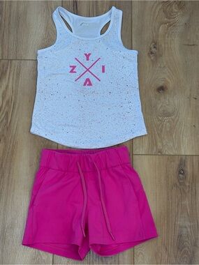 Kids Athletic Tank & Shorts Set - White Tank with Pink Graphic + Hot Pink Shorts